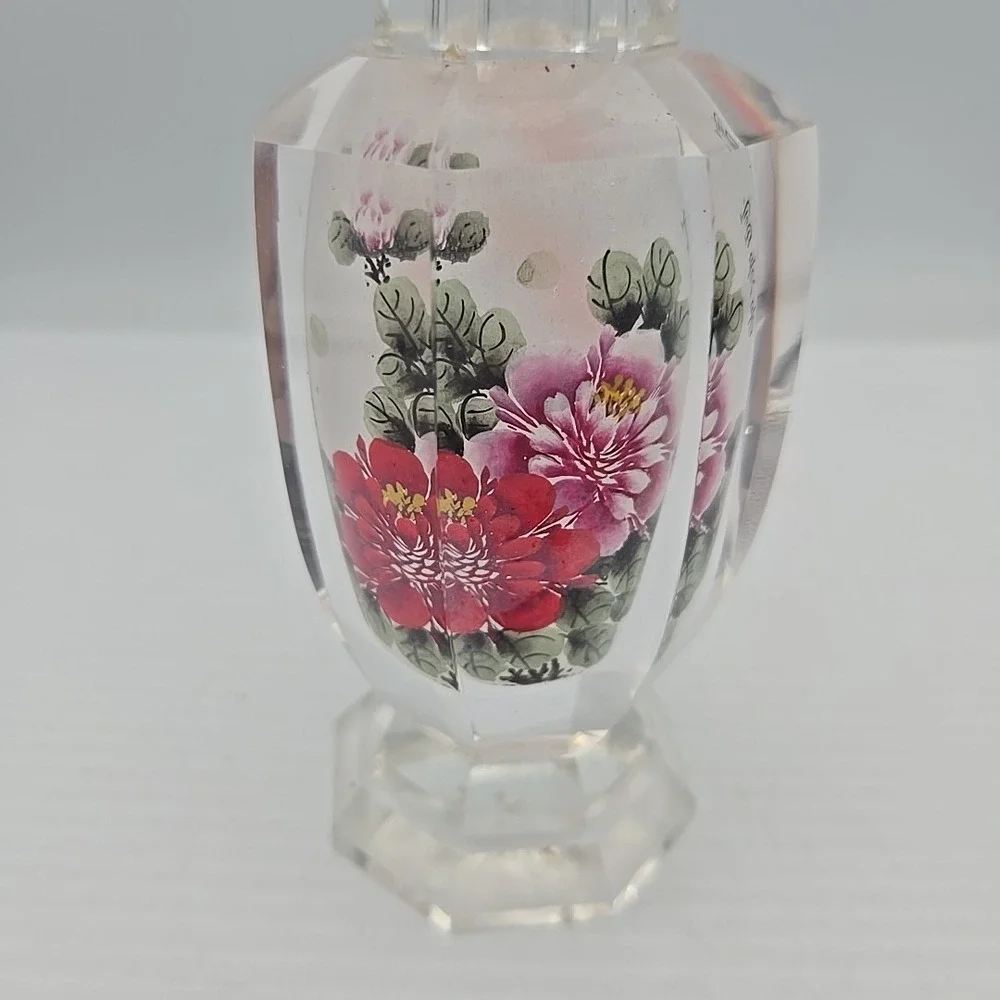 Vintage Chinese Glass Vase Crystal Clear Hand Painted Inside Peony Flower Asian‎